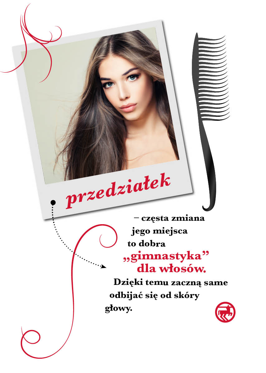 Infografika pokazująca jak, że robienie przedziałka jest dobre dla włosów.